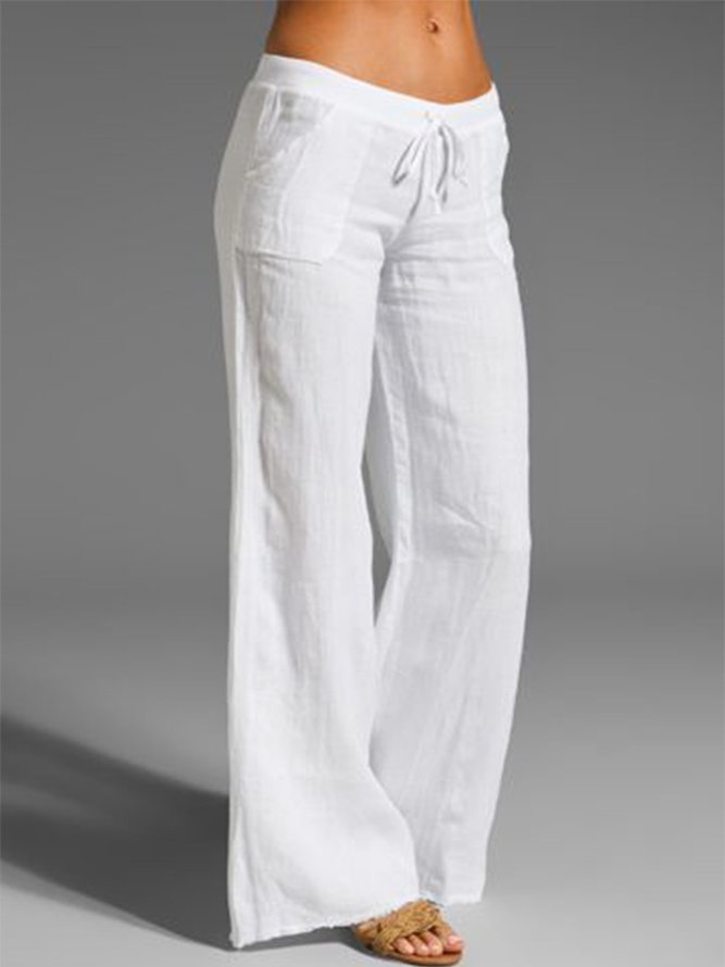 Casual mid-rise solid color linen straight-leg pants