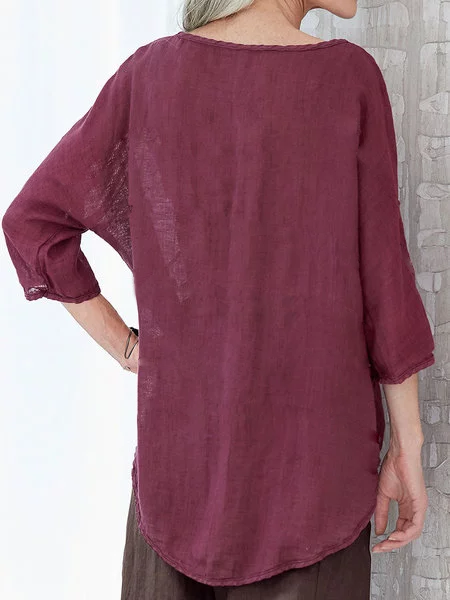 Summer Top 3/4 Batwing Sleeves Round Neck Solid Blouses