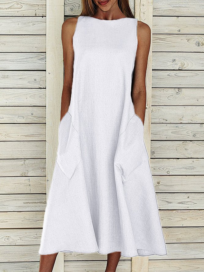 Summer Maxi Pockets Weaving Dress Women Plus Size Solid Sleeveless Crew Neck Weaving Dress
