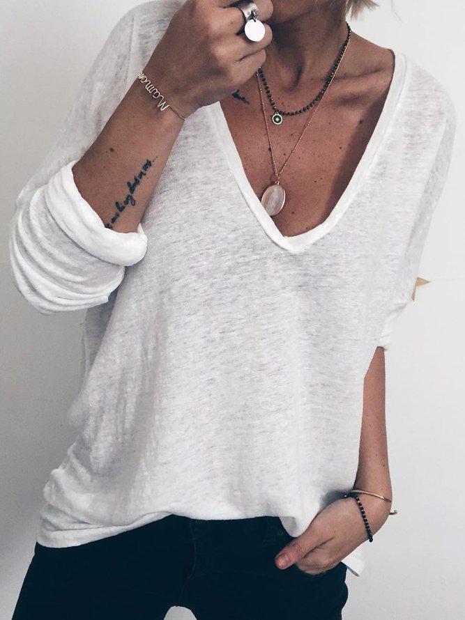 Casual Solid V Neck T-shirt