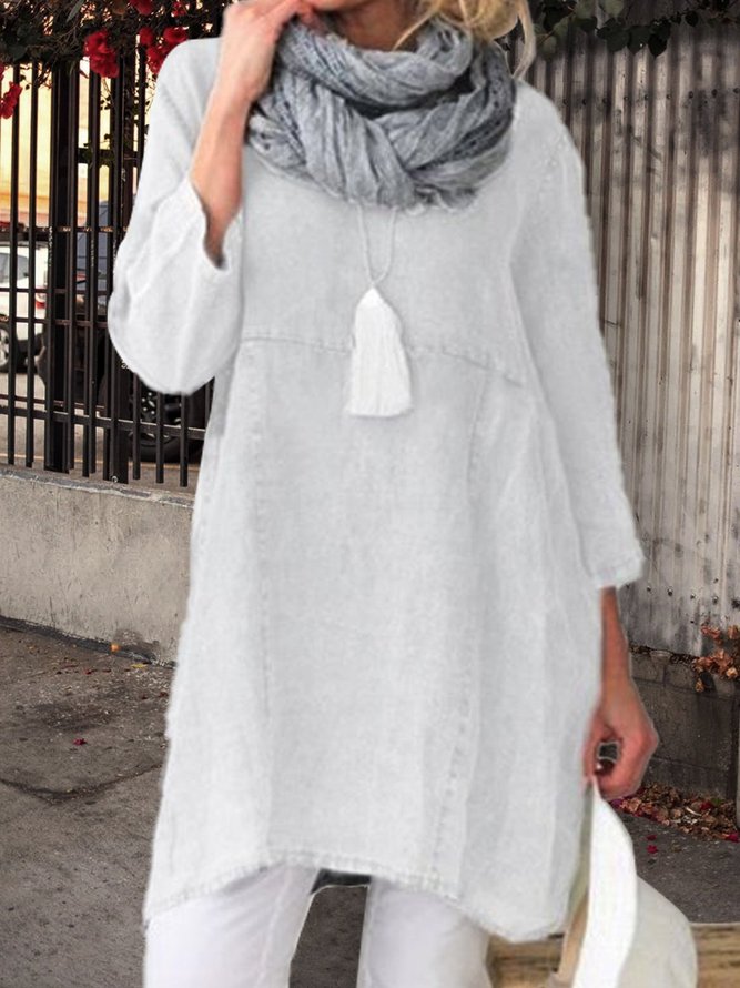 Casual Plain Long Sleeve Linen Plus Size Dress