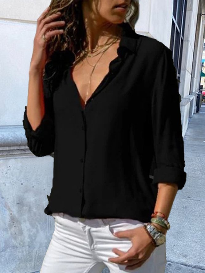 Solid Color Long Sleeve Casual Plus Size Shirt