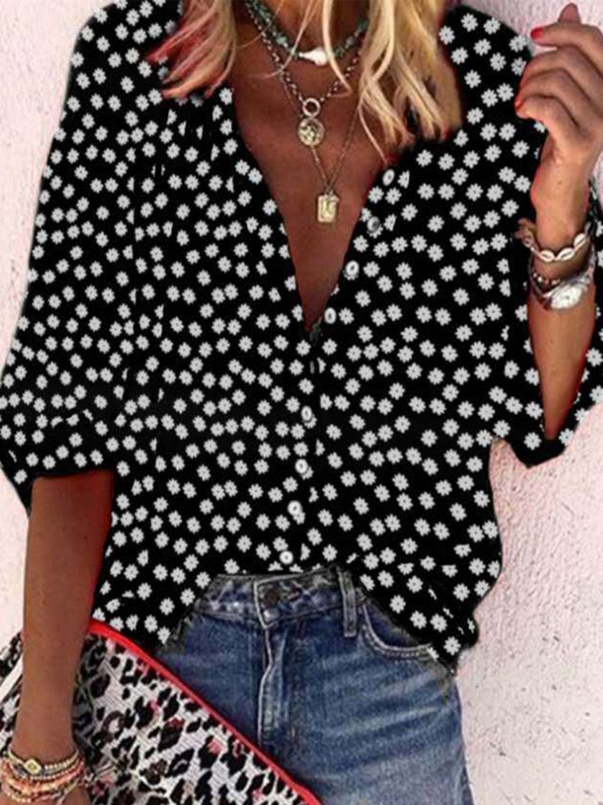 3/4 Sleeve Boho Floral Printed V Neck Plus Size Casual Tops
