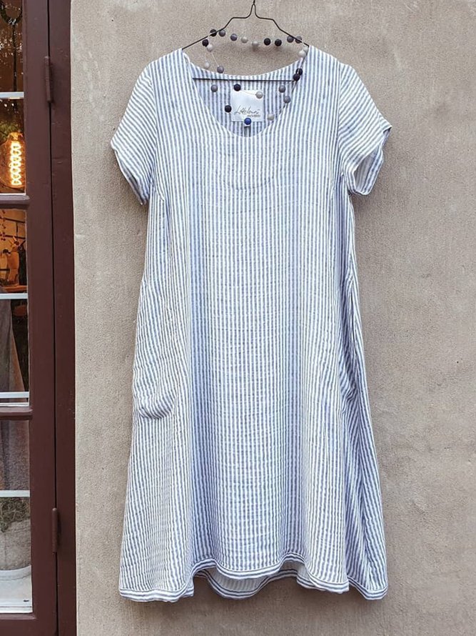 Striped Pockets Mini Dress Summer Weaving Dress
