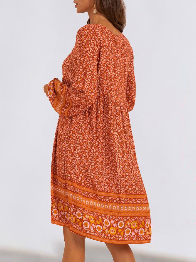 Orange Long Sleeve Floral Shift Boho Mini Dress