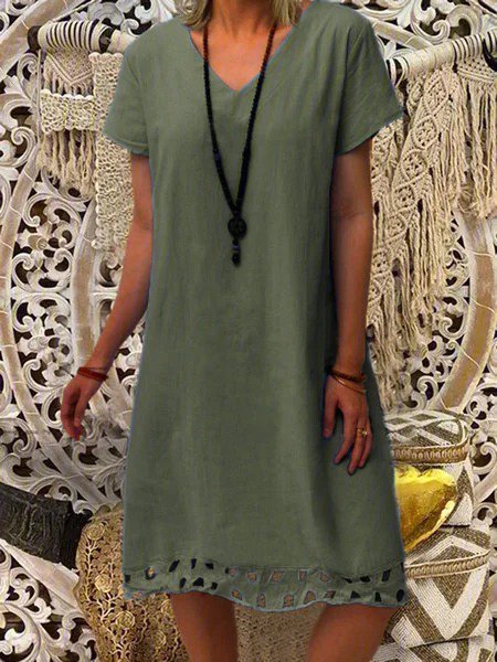 Hollow Cotton-Blend A-Line Casual Short Sleeve Weaving Dress