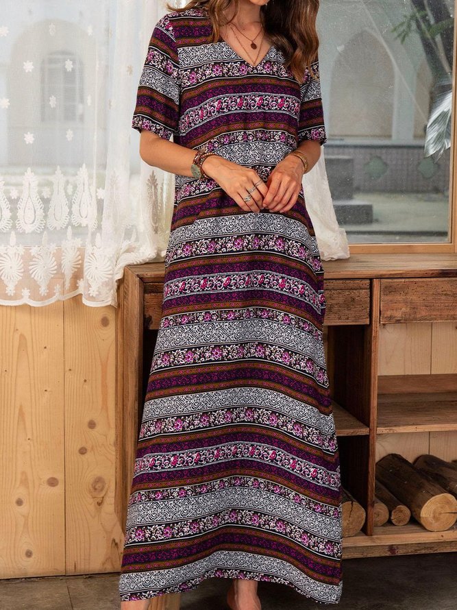 Purplish Blue Boho Cotton-Blend Short Sleeve Tribal Weaving Dress