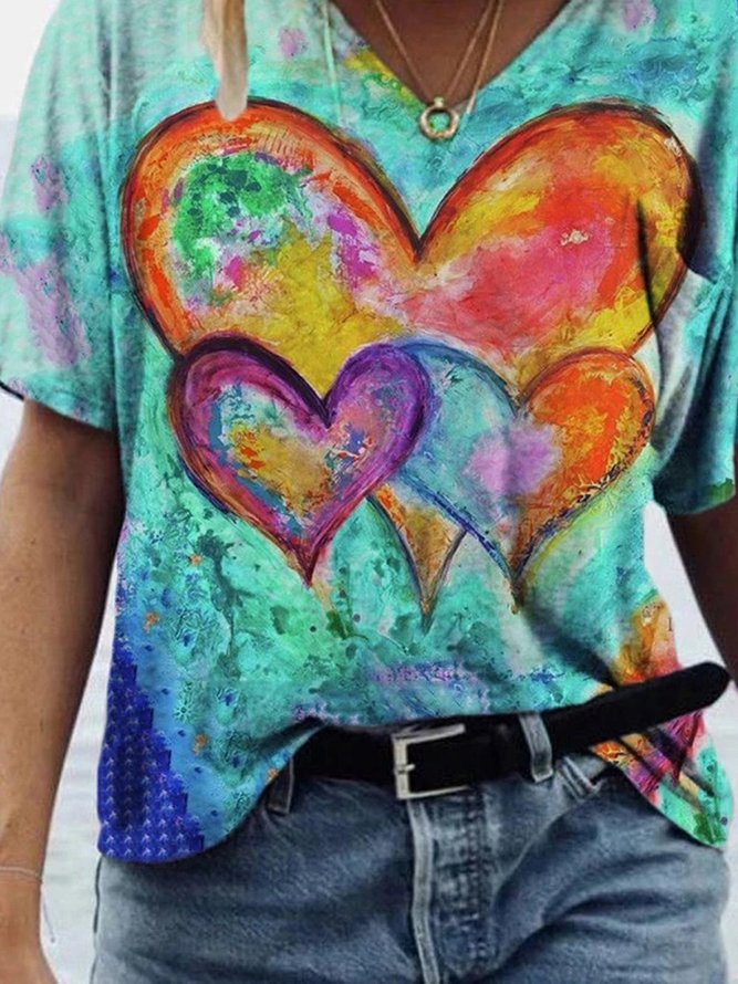 Love Painting Print T-shirt  V Neck Casual T-shirt