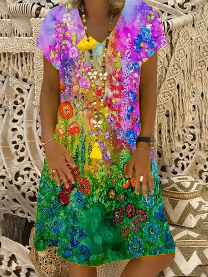 Short Sleeve V Neck Floral Casual Weaving Dress