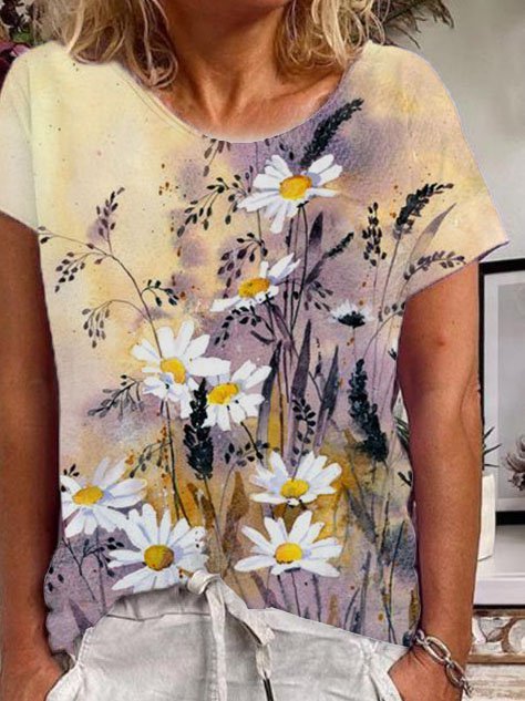 Vintage Cotton-Blend Floral-Print Short Sleeve T-shirt