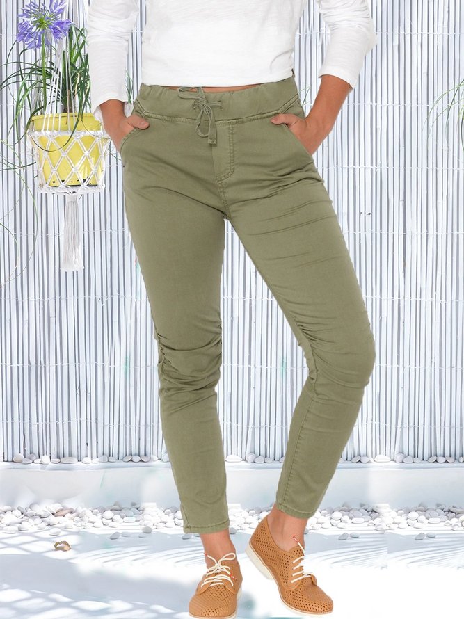 Casual Cotton-blend Stretch Pocket Solid Pants