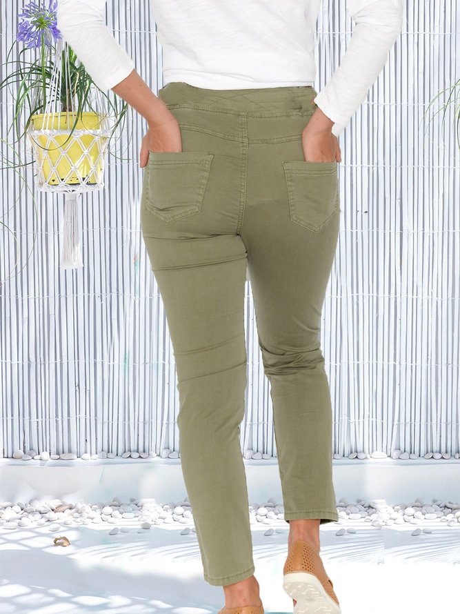 Casual Cotton-blend Stretch Pocket Solid Pants