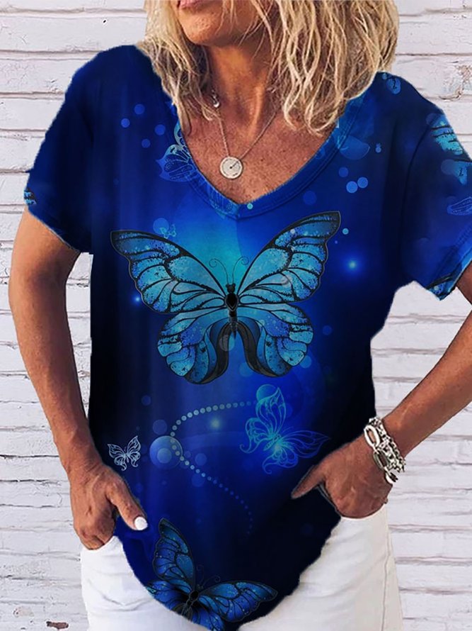 Casual Butterfly Printed Short Sleeve V-Neck T-Shirts