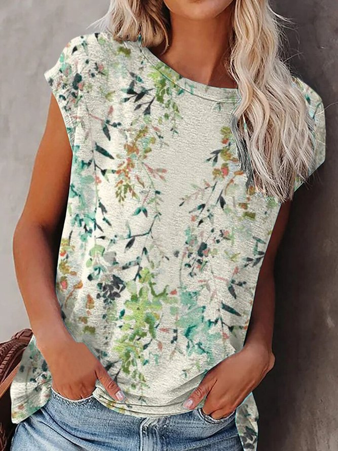 Short Sleeve Cotton-Blend Floral Casual Tops