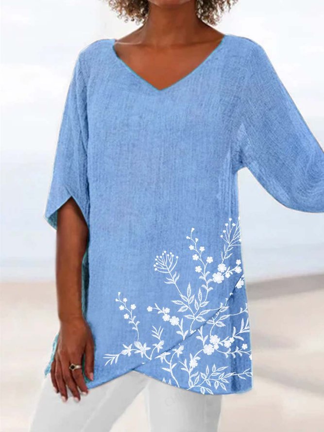 Floral  Short Sleeve  Printed  Polyester  V neck Vintage Summer Blue Top