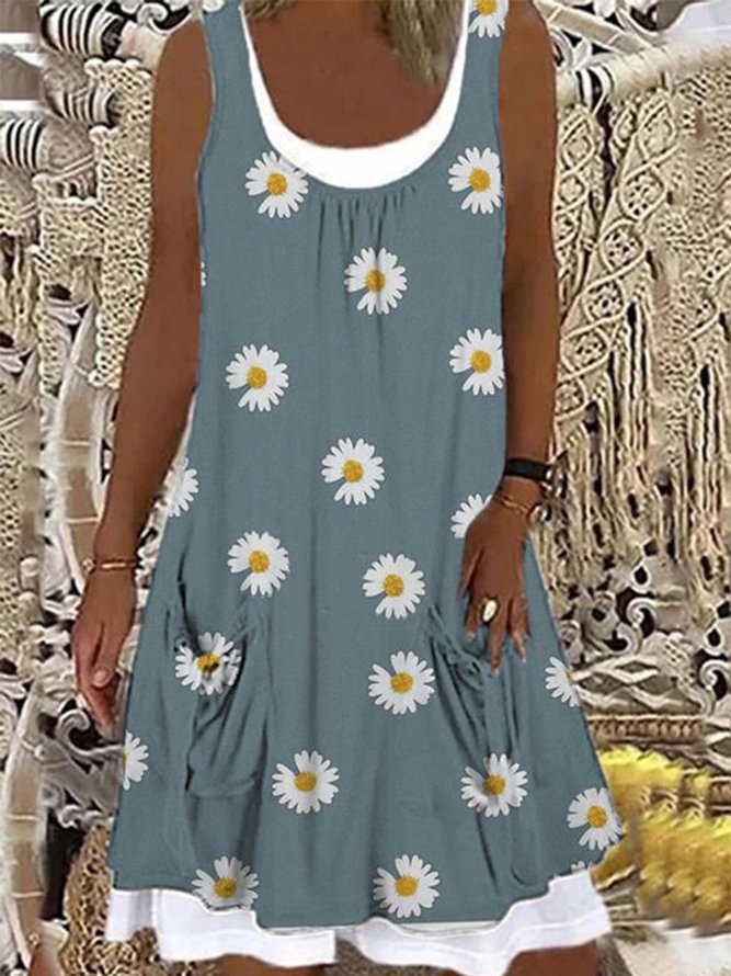 Crew Neck Sleeveless Floral Ruched Knitting Dress