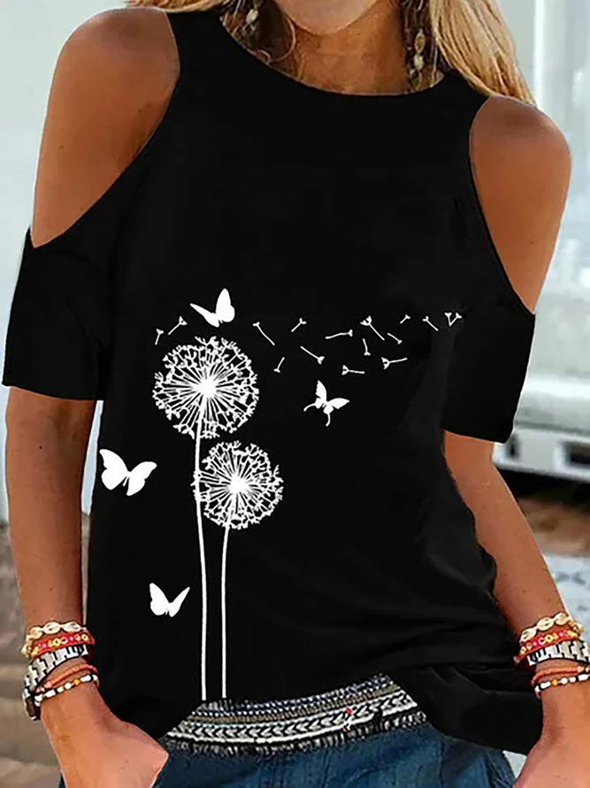 Printed Casual Cold Shoulder Round Neck T-Shirts