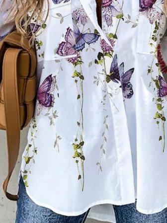Shirt Collar Casual 3/4 Sleeve Floral Blouse