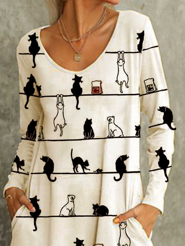 Cute Cat Long Sleeve Cotton-Blend Knitting Dress