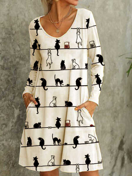 Cute Cat Long Sleeve Cotton-Blend Knitting Dress