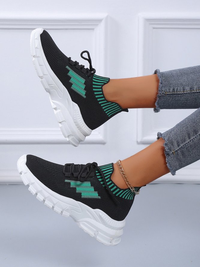 Soft And Comfortable Contrast Lace Up  Knitted Fabric Chunky Sneakers