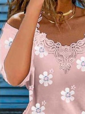 Floral Cotton Blends Lace V Neck Casual Short sleeve tops