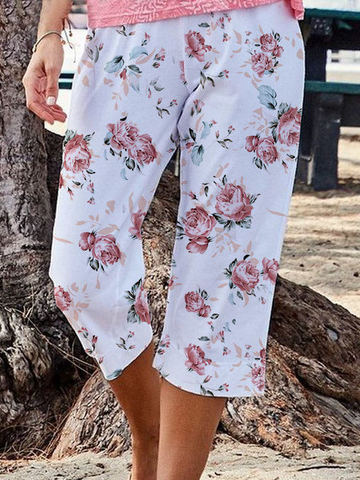 Floral Cotton Blends Loosen Shorts