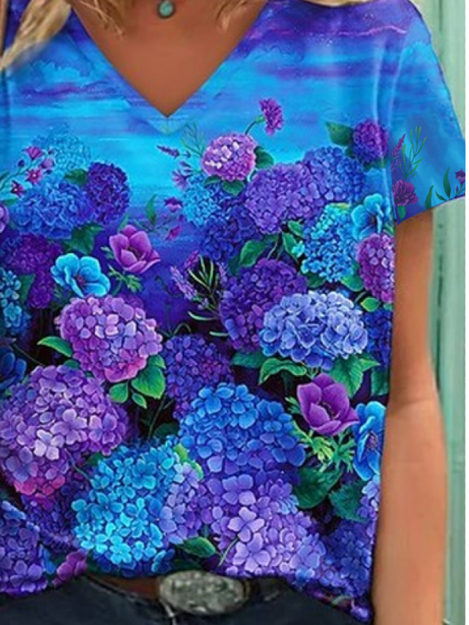 Floral Vacation Cotton Blends Short Sleeve T-Shirt