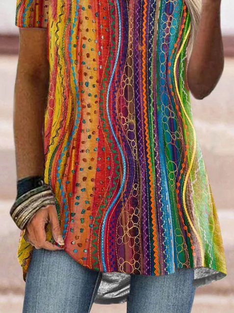 Colorful Geometric Casual Crew Neck Short Sleeve Tops