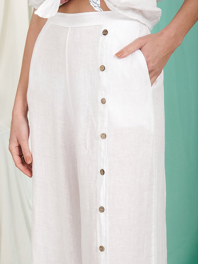 White Button-Accent Cotton Blends Linen Vacation Casual Pants