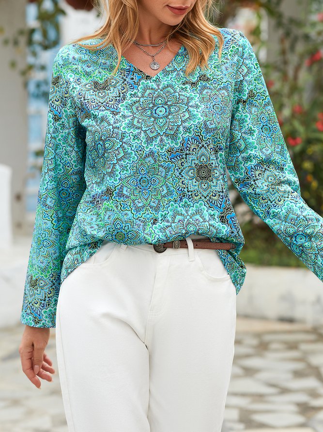 Floral Long Sleeve V Neck Casual Top