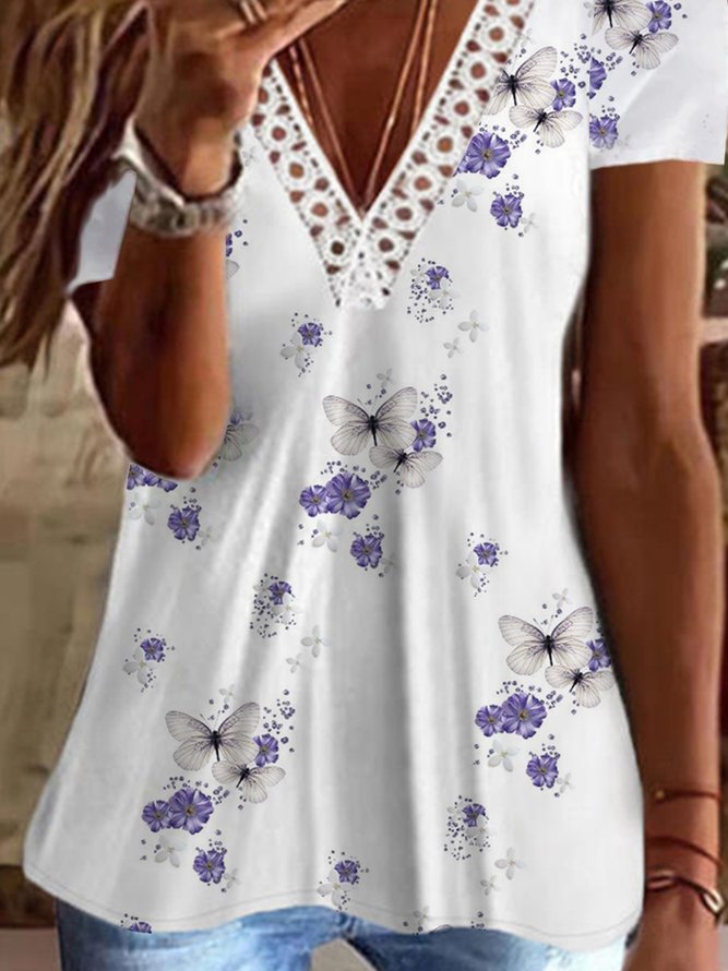 Casual V Neck Butterfly Short Sleeve T-Shirt