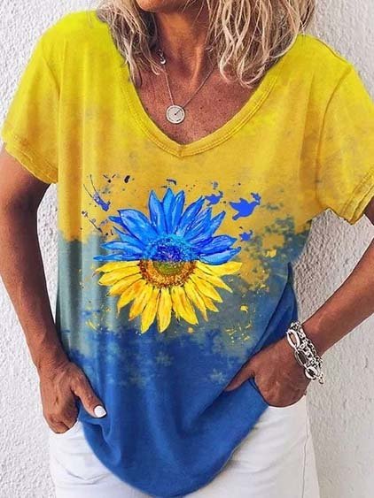 Sunflower Casual Ombre V Neck Short Sleeve T-Shirt