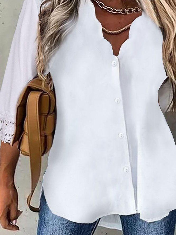 Plain color patterned button down Lace Cotton Shirt Top Plus Size