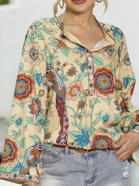 Cotton-Blend Floral-Print V Neck Sweet Shirt