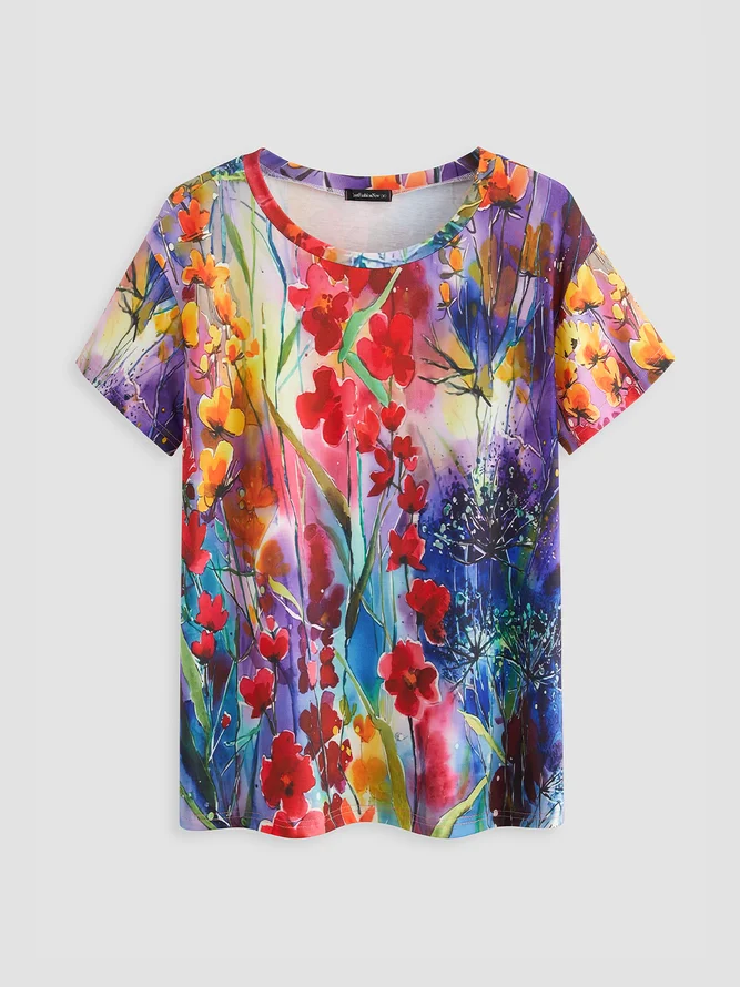 Vacation Casual Floral Pattern Crew Neck T-shirt