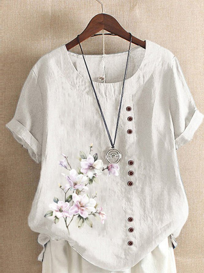Buttoned Floral Short Sleeve Tops