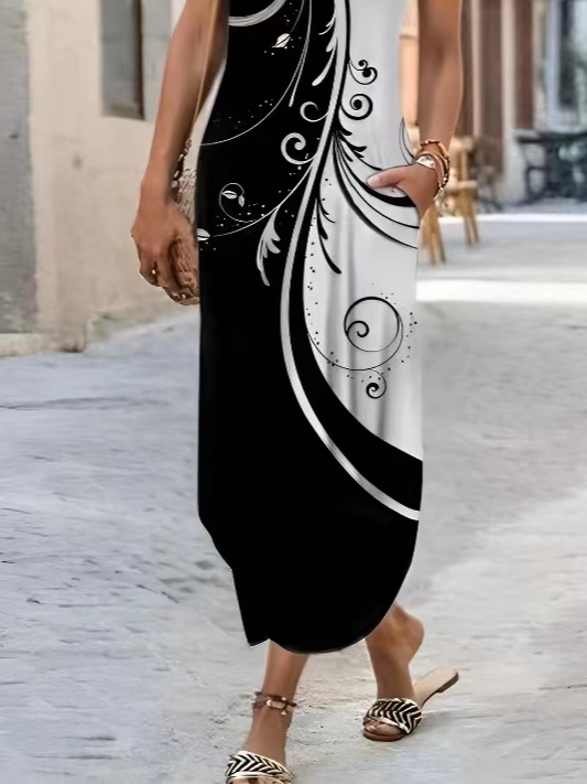 Black and white classic contrast color split loose Long Dress