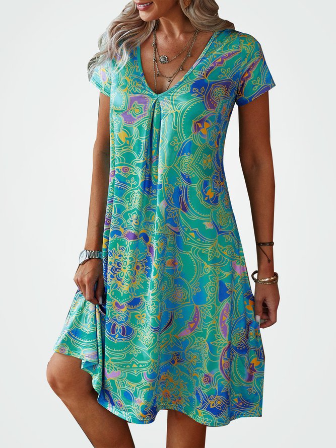 Plus size V Neck Casual Short Sleeve Printed Dress
