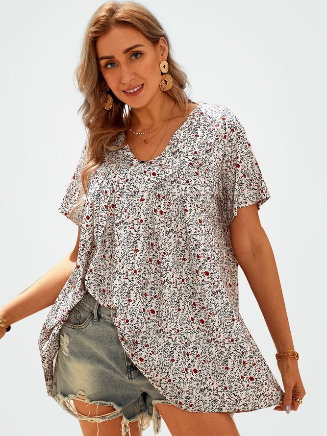 Plus Size Casual V Neck Floral Short Sleeve Tops