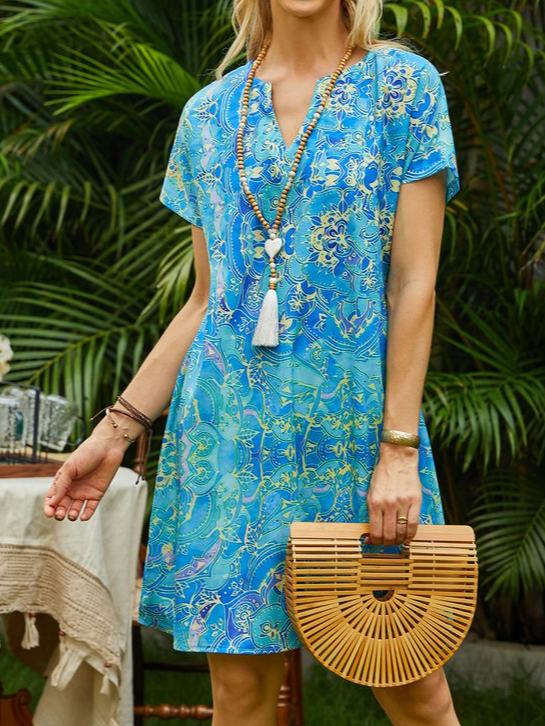 Summer Leisure Holiday Style Printing Paisley V Neck Short Sleeve Casual Weaving Midi Dress