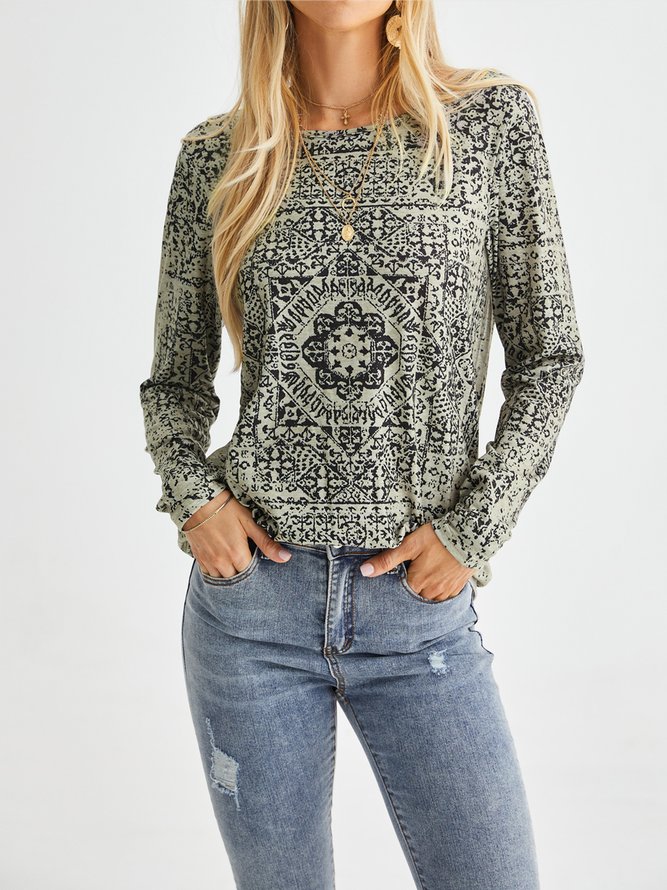 Plus Size Crew Neck Casual Long Sleeve Printed Tops
