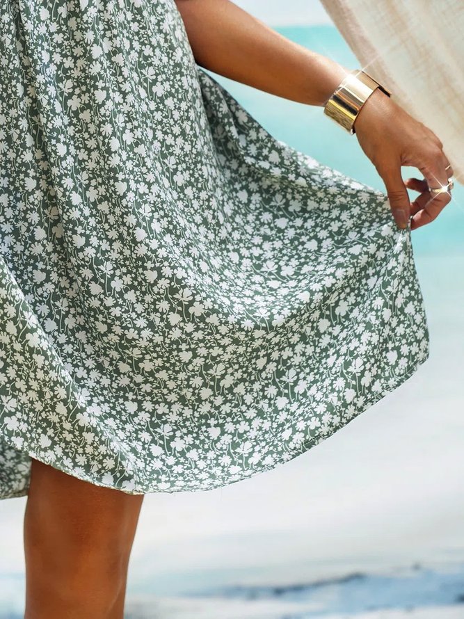 Boho Floral Print Short Sleeve Knee Length Mini Dresses