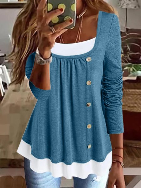 Casual Plain Button-embellished Long-sleeve Knitted Top