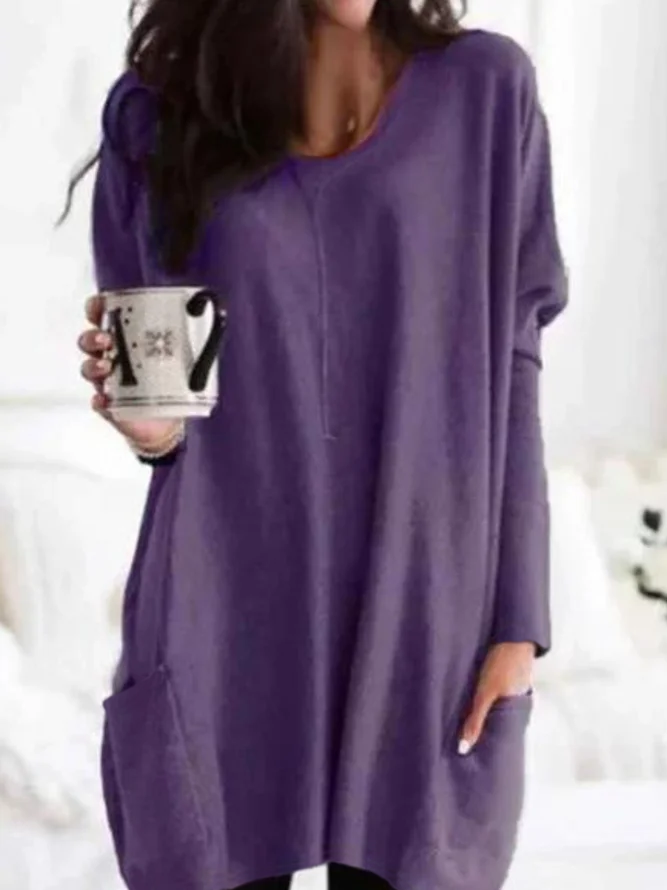 Casual Pockets Long Sleeve Solid Tops