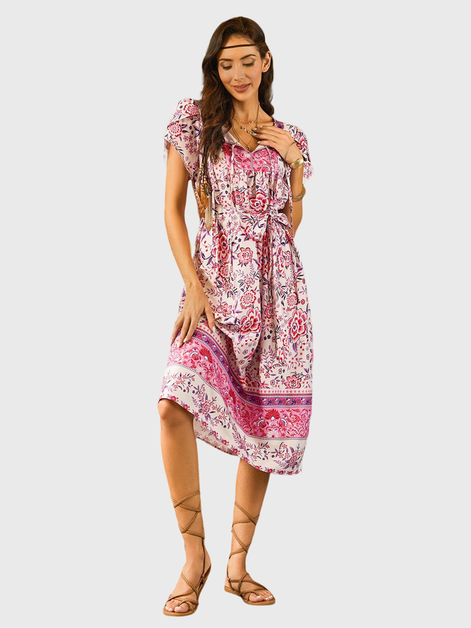Boho Cotton-Blend V Neck Weaving Maxi Dress