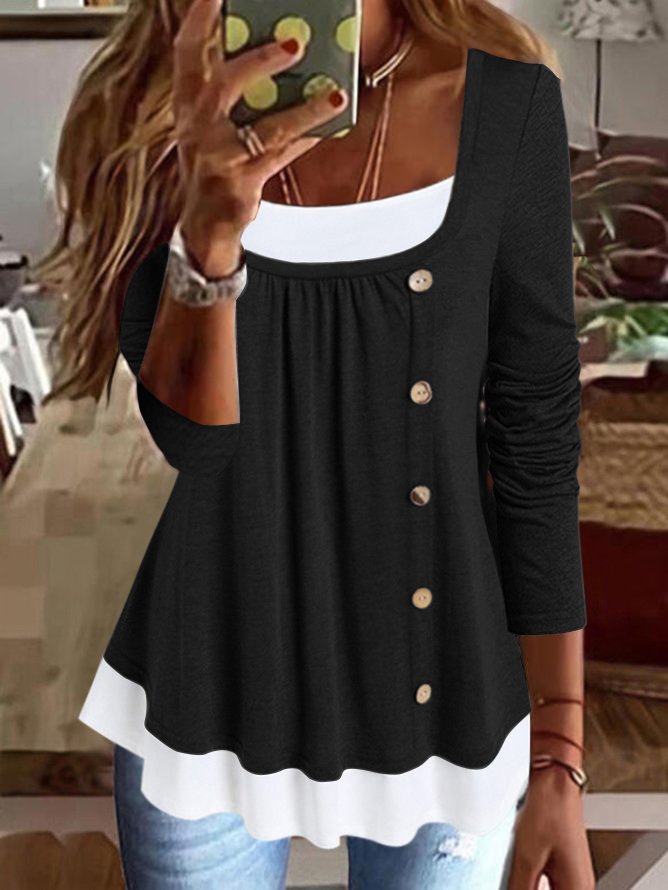 Casual Plain Button-embellished Long-sleeve Knitted Top