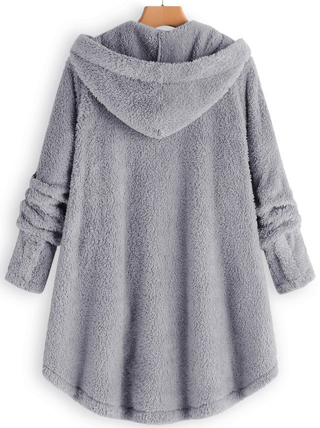 Cozy Long Sleeve Fleece Hooded Fuzzy Asymmetrical Hem Button Teddy Bear Coat