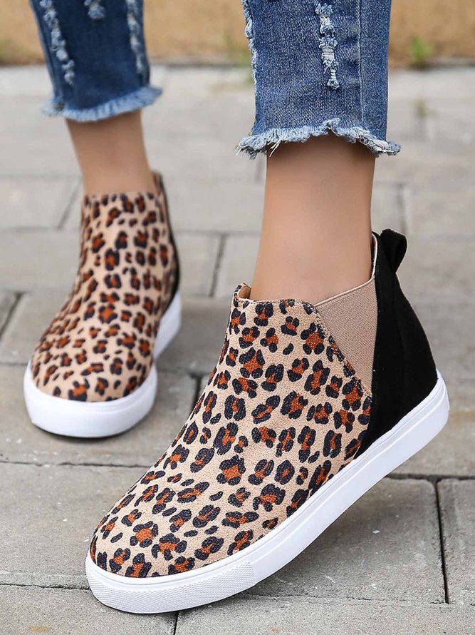 Wear-resistant and non-slip high top women's casual flat shoes with Leopard print patchwork in multi-color and multi-size