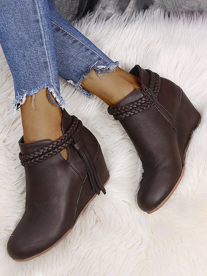 Womens's Plus Size Braided Strap Fringed Wedge Heel Booties